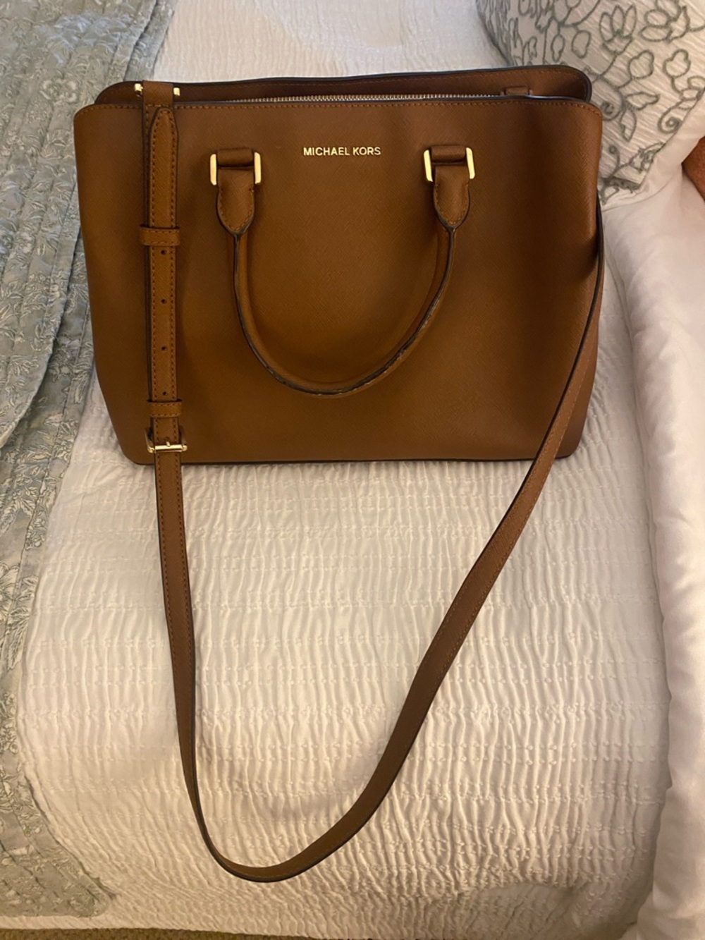 Michael Kors Brown Saffiano Satchel with Adjustable Strap